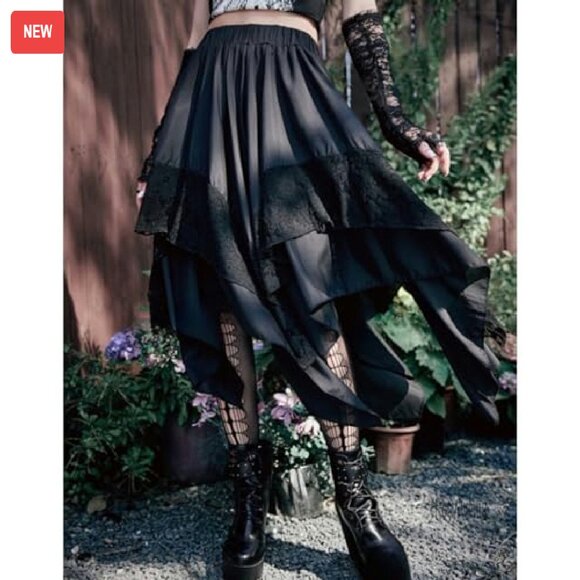 Gothic Lace Midi Skirt Asymmetrical A-Line High Waist Steampunk - Picture 7 of 8